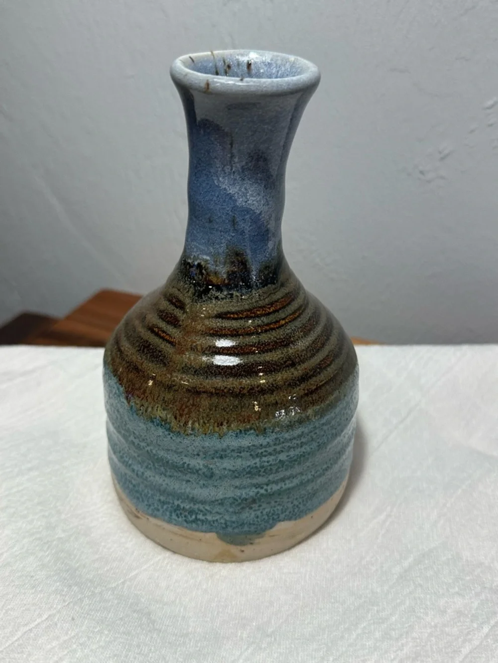 Signed Studio Pottery, Ceramic Bud Vase in Blue and Brown